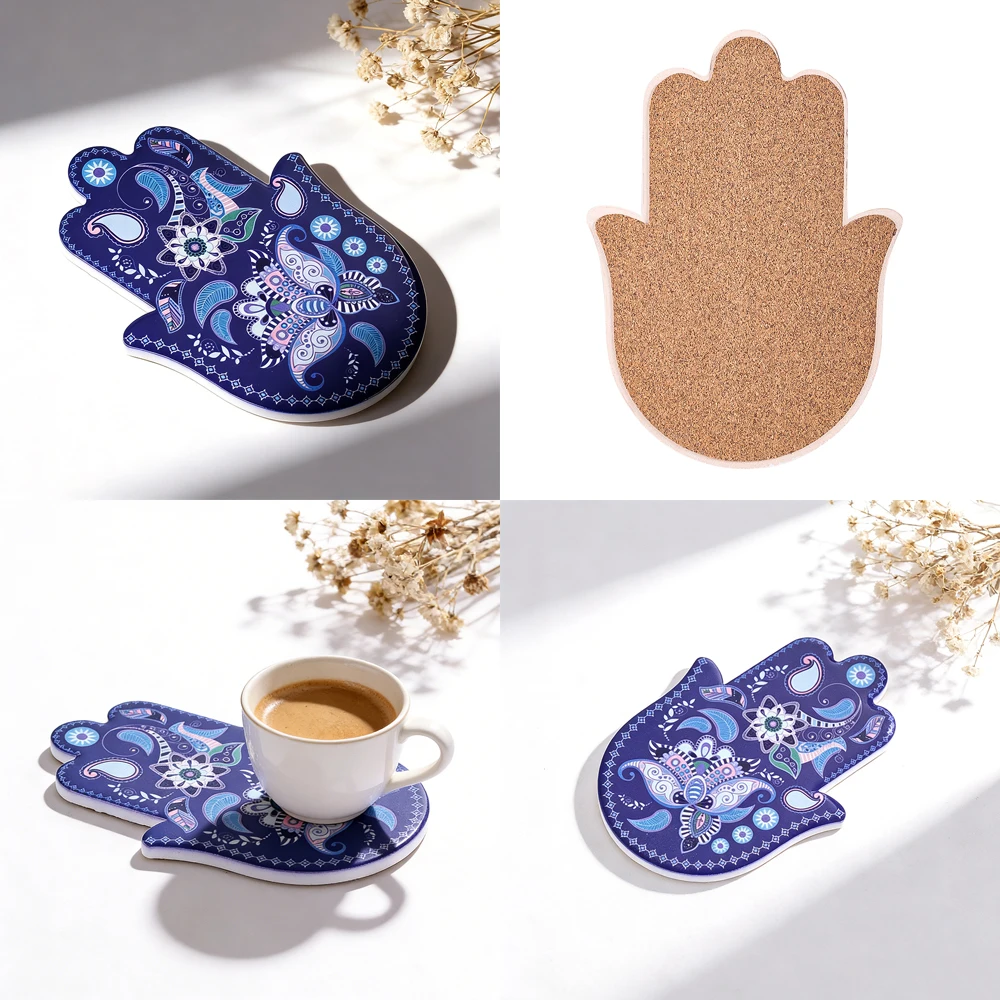 Böhmischer Blumen-Hamsa-Hand Keramik-Untersetzer mit Korkrückseite Hitzebeständige Rutschfeste Matte für Zuhause Büro Kaffee Deko Geschenk – Detail 1