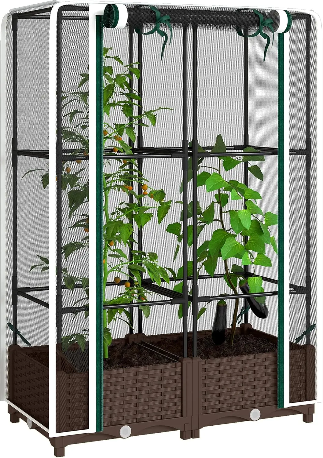 

Raised Garden Bed with Trellis, 46.5" Tomato Cage with Crop Cage, Self Watering Planter Box with Drainage Holes and Plugs