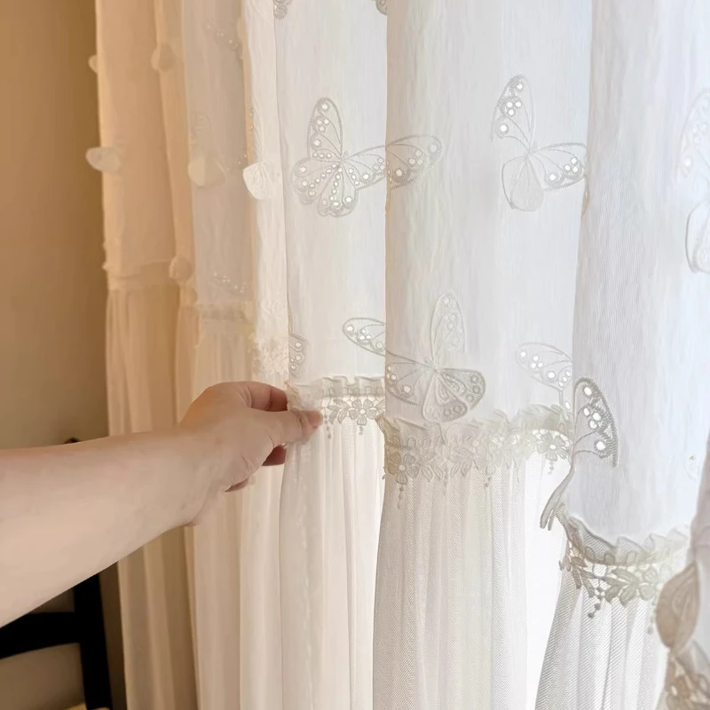 Cream Style Relief Butterfly Jacquard Embroidered Lace Skirt Sheer Curtain Atmospheric Gauze for Balcony Bedroom Living Room