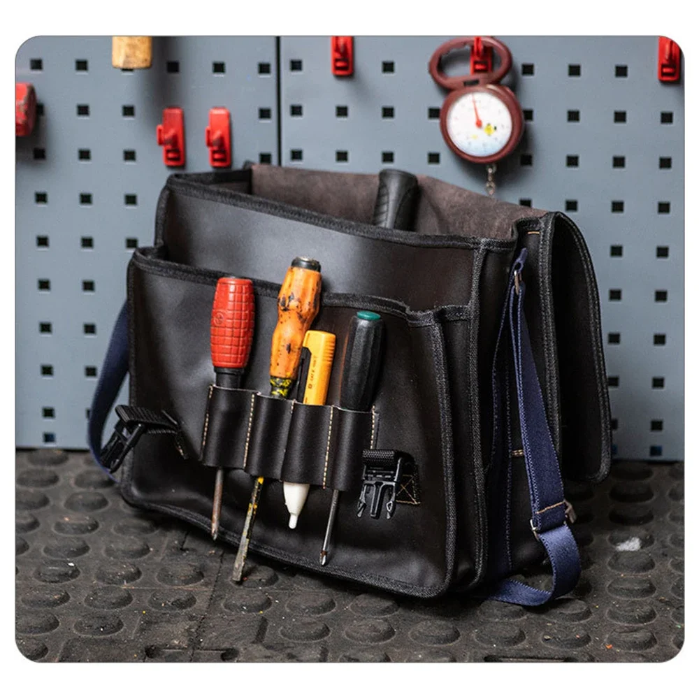 Pure Leather High-Grade Large Capacity Tool Bag Multifunctional Shoulder Bag Waterproof Electrician Wear-Resistant with Pockets