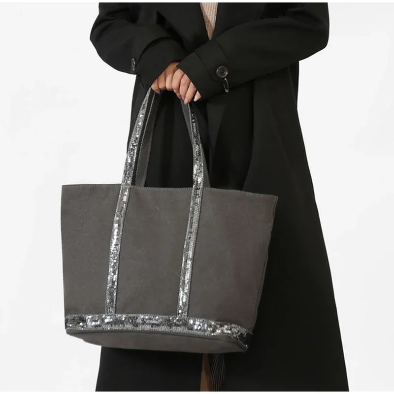 Sequined Bucket Bag Vintage Canvas Tote Bag Large Capacity Shoulder Crossbody Women Handbag Retro Pattern Stylish Casual Shopper