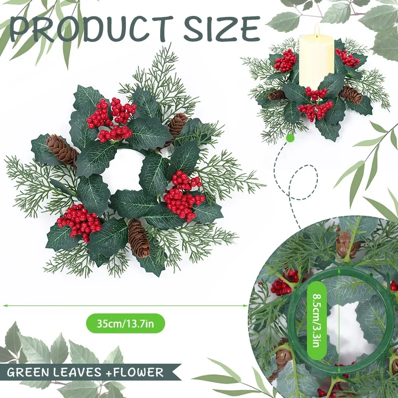 Artificial Flower Candle Wreath Garland Romantic Candle Rings Pinecone Green Leaf Candlestick Wreath Christmas Decor - Image 3