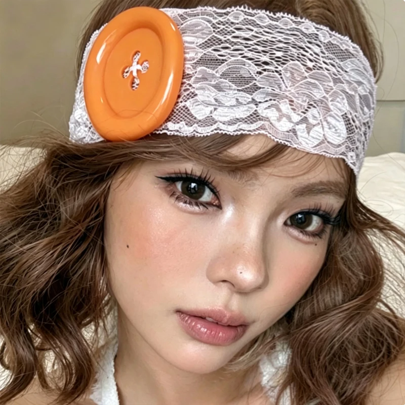 Y2K Oversized Button Lace Headband Sweat-absorbent Hairband Women Fashion Subculture Elastic Hollow Out Lace Headband Headwear