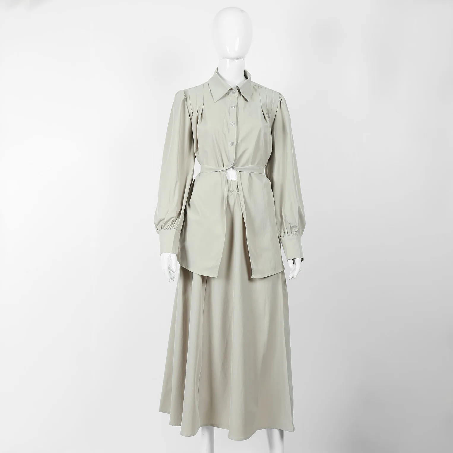 

2025 Spring Women's Light Green Puff Sleeve Belted Shirt And Midi Skirt Set Elegant Layered Outfit For Ladies Fashion Casual