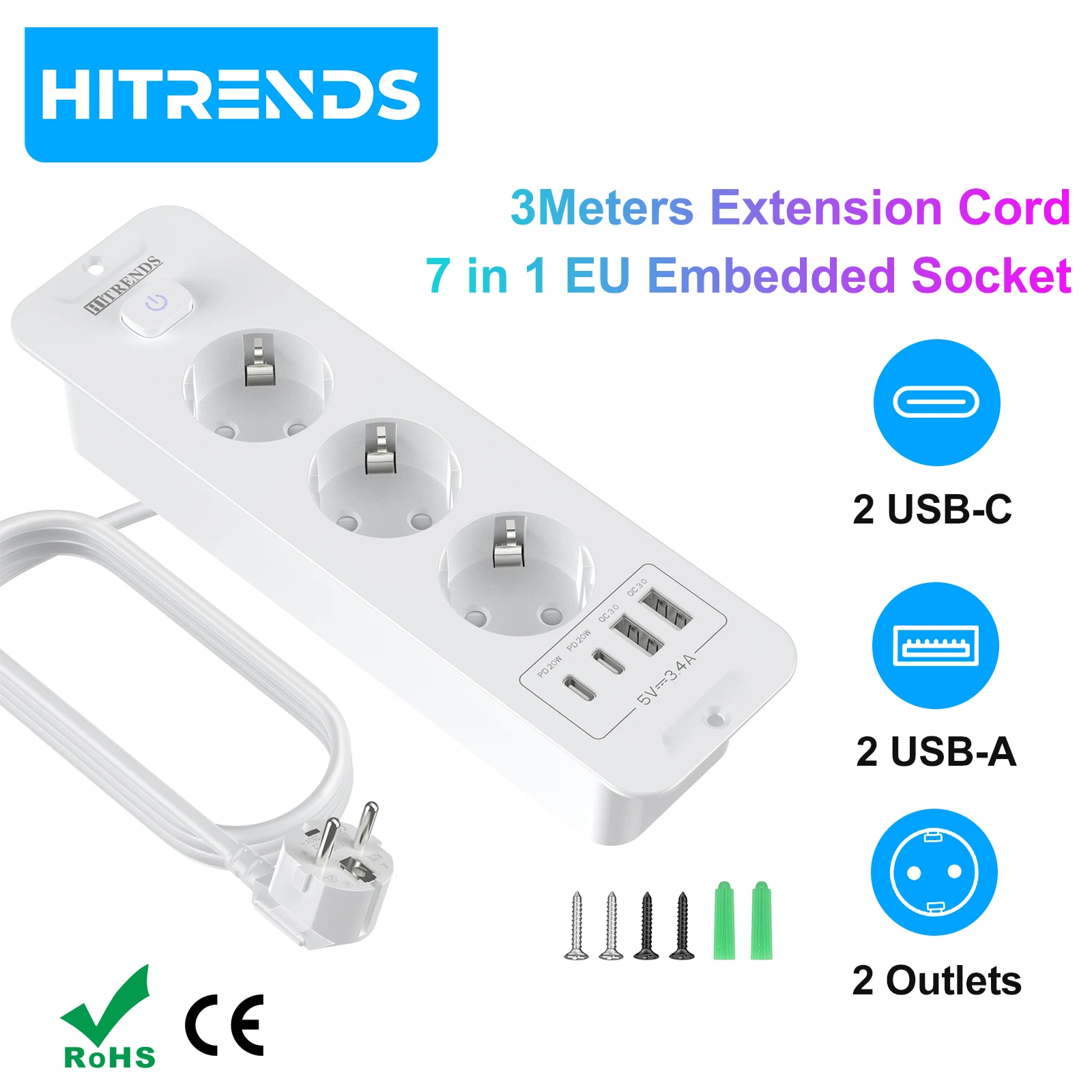 HITRENDS EU Enchufe múltiple empotrable con cable de 3m, toma de corriente integrada para escritorio con 2 USB y 2 Type C de carga rápida, toma de corriente multicontacto