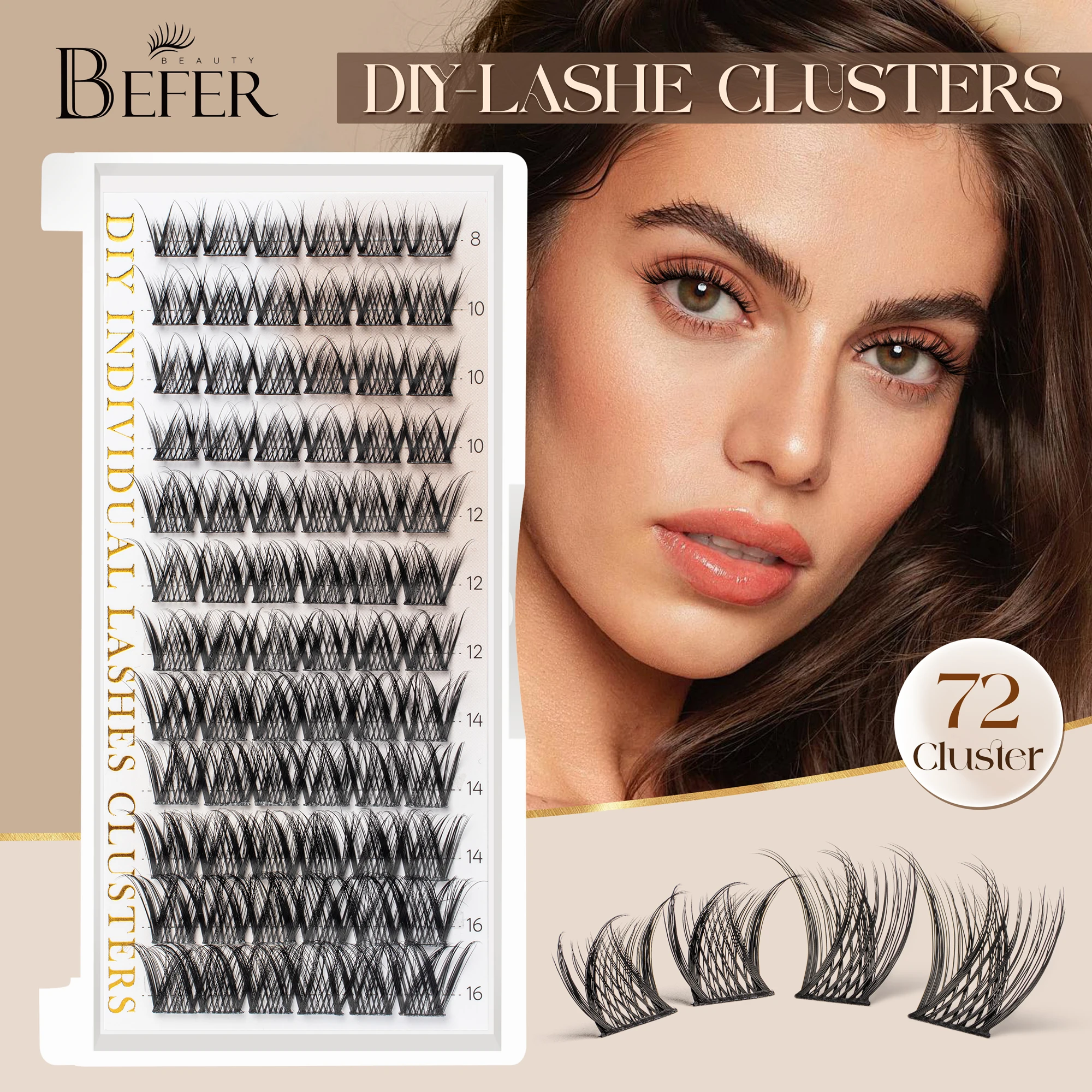 BEFER DIY Lash Clusters 8-16mm Natural Cluster Lashes D Curl Individual False Eyelashes Extensions 72pcs Makeup Lashes Cluster