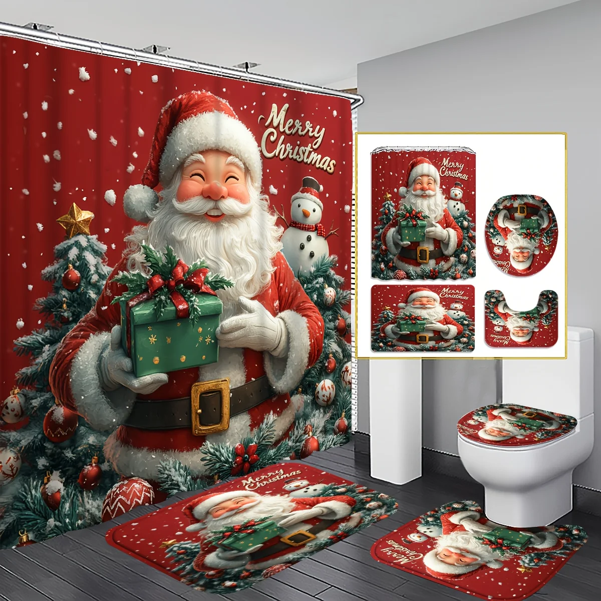 4pc 2D Flat Merry Christmas Shower Curtain Set, Santa Tree Holly Print, Red Green Design, Non-slip U Mat & Toilet Cover