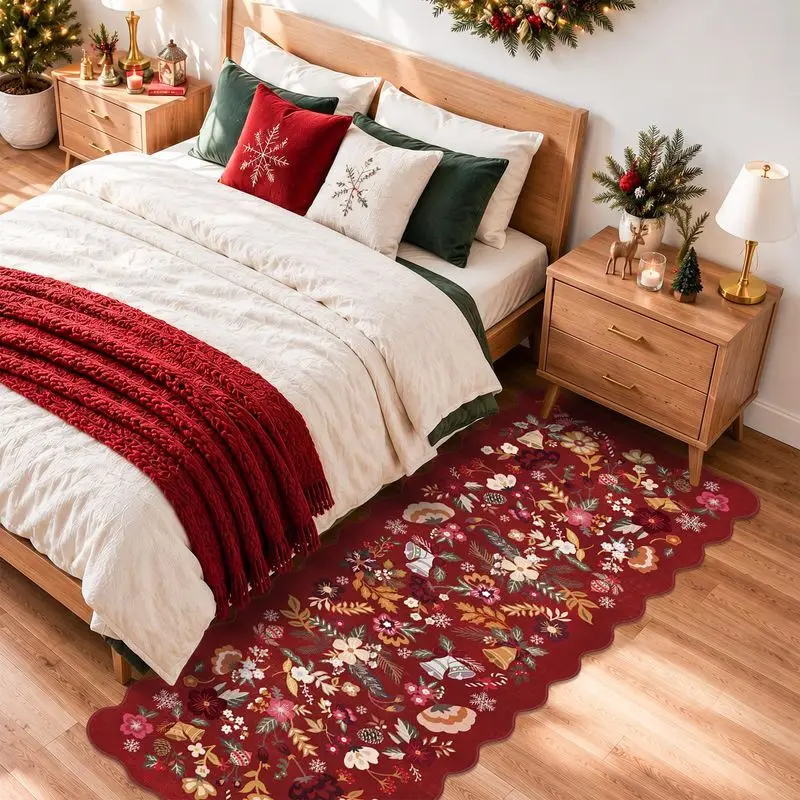 VIKAMA Christmas Long Runner Rug Floral Bell Pinecone Wine Red Scallop Edge Non Slip Hallway Living Room Holiday Decor Washable