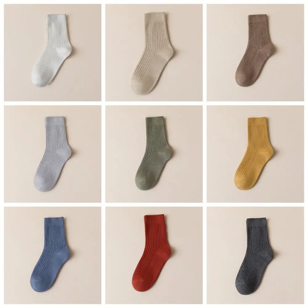 

10 пар простых однотонных женских носков до середины икры, простые дышащие деловые носки, мужские мягкие полосатые осенние носки-трубы, спортивные