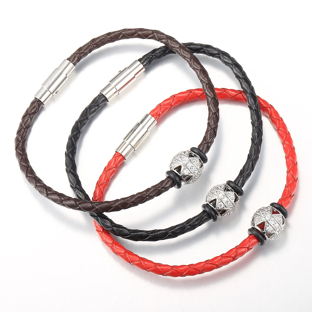 Man-made Leather Bracelet For Men Boys Cubic Zircon Bead Charm Red Black Brown Braided Rope Magnetic Clasp 4mm Bracelet