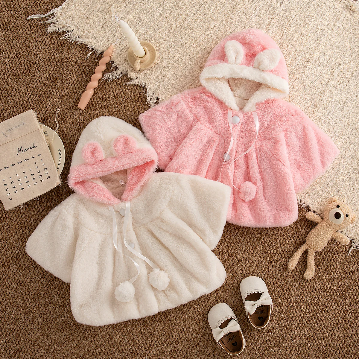 Baby-Mädchen-Mantel Winter Einfarbig mit Cartoon-Ohren Mädchen-Schal Cartoon Warme Flauschige Baby-Mädchen-Oberteil Babykleidung