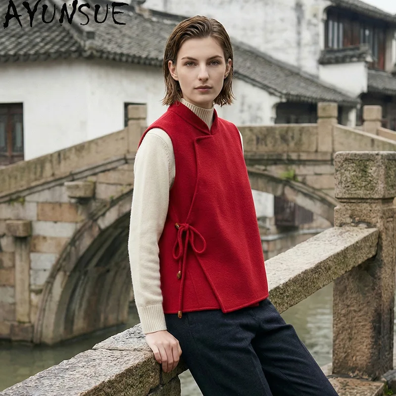 AYUNSUE Women's 100% Wool Vest Chinese Style Stand Collar Sleeveless Tops for Woman Elegant Lace-up Vest Woman Clothes Жилет