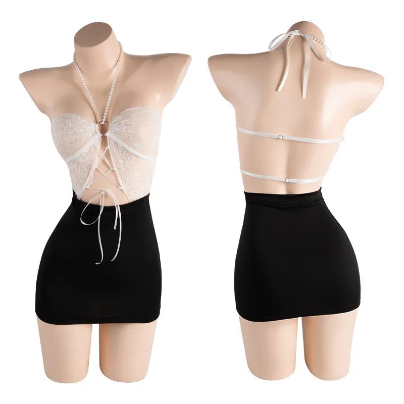 

Sexy Office Secretary Cosplay Lingerie Set Lace Hollow Halter Top Women's Beaded Strap Bodycon Skirt OL Secret Love Uniform