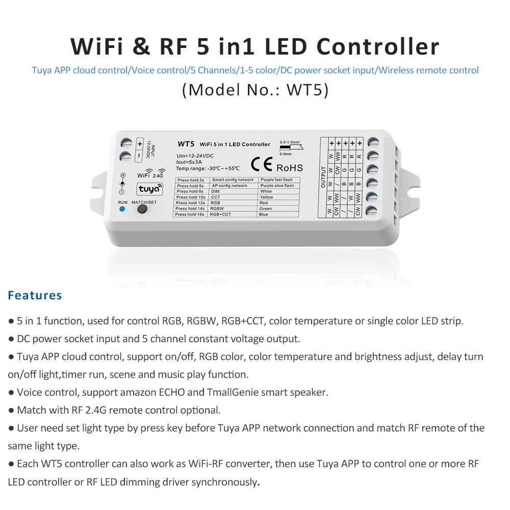 WT5 5in1 Tuya Wifi LED Controller DC24V COB RGBCCT LED Strip Light 6Pin 840leds/m 2.4G RF Remote Switch Smart for Alexa Google