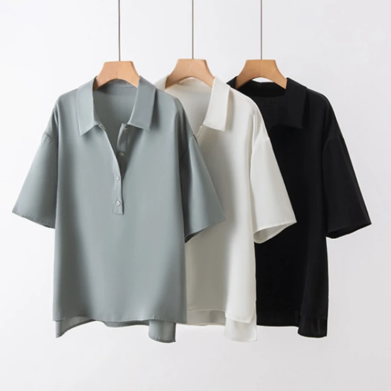

Birdsky, 1PC Women short sleeve shirts blouse pullover Top button placket 93% real silk 7% spandex 3 colors. S-1035