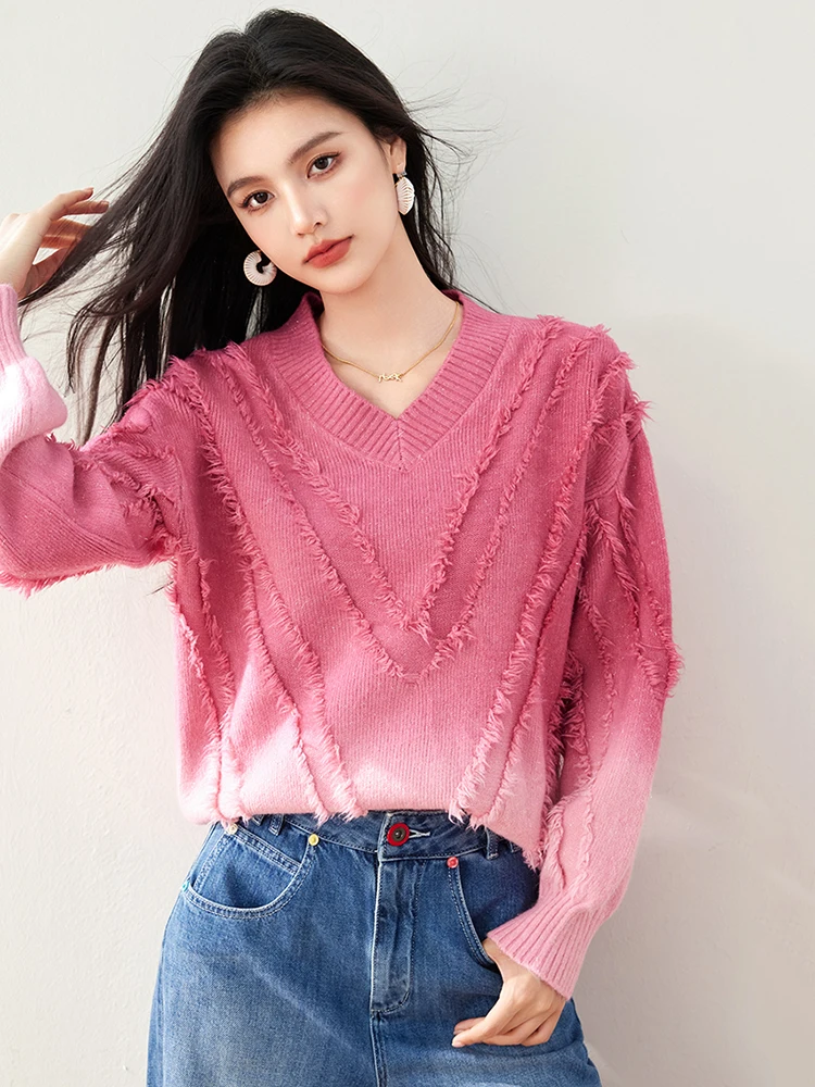 Fashion Tassel Gradient Color Pink Sweater Women Gentle Wind Sweet Oversized Sweaters Niche Design V-Neck Pullover Top