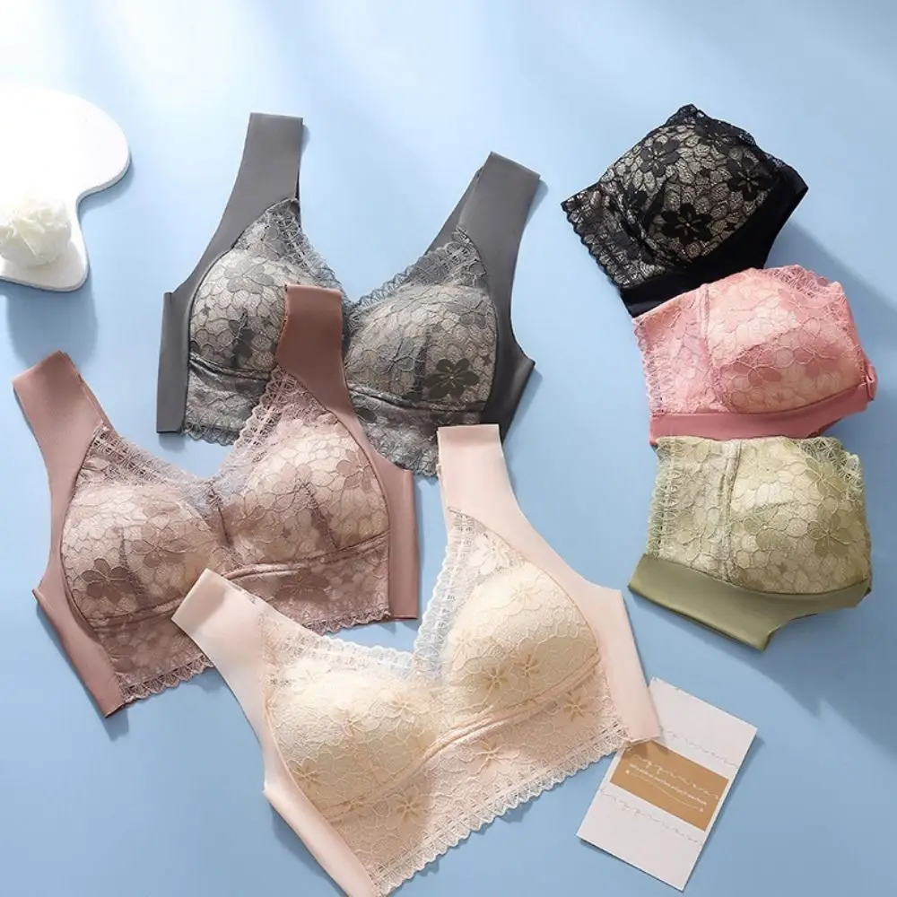 Moda plus size renda roupa interior feminina à prova de choque close-fitting sem fio profundo v sutiã confortável lingerie sem costura sutiã presentes