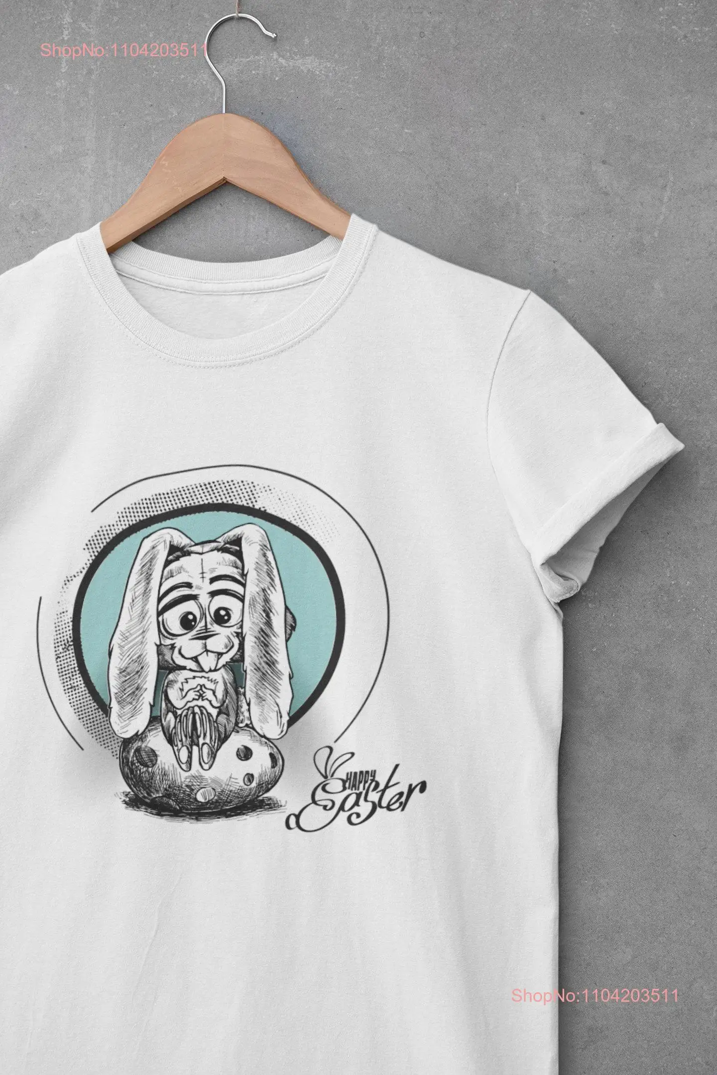 Easter bunny and eggs Hand Drawn Sketch Vector illustration White unisex shirt Groovy Retro tee Trendy Distressed