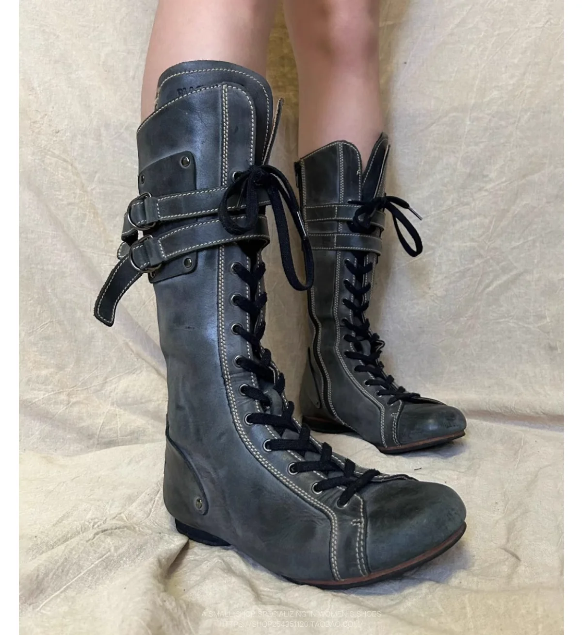 Vintage Wasteland Leather Boxing Shoes Lace up Round Toe Flats Women's Knee High Boots 2025 New in Luxury Designer Soft Boot