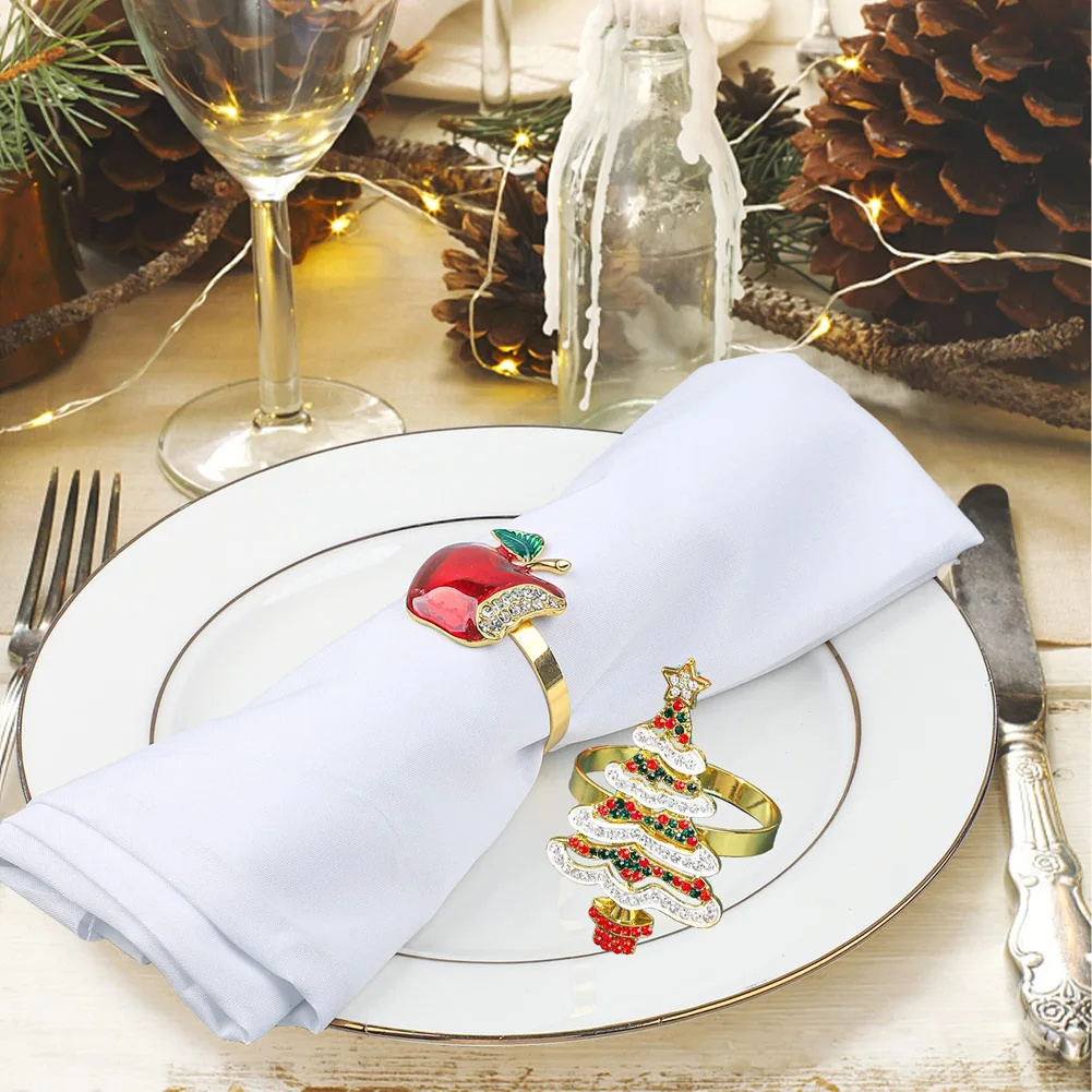 Christmas Napkin Ring Set Of 8 Metal Christmas Tree Deer Napkin Rings Holders Rhinestone Napkin Buckles for Holiday