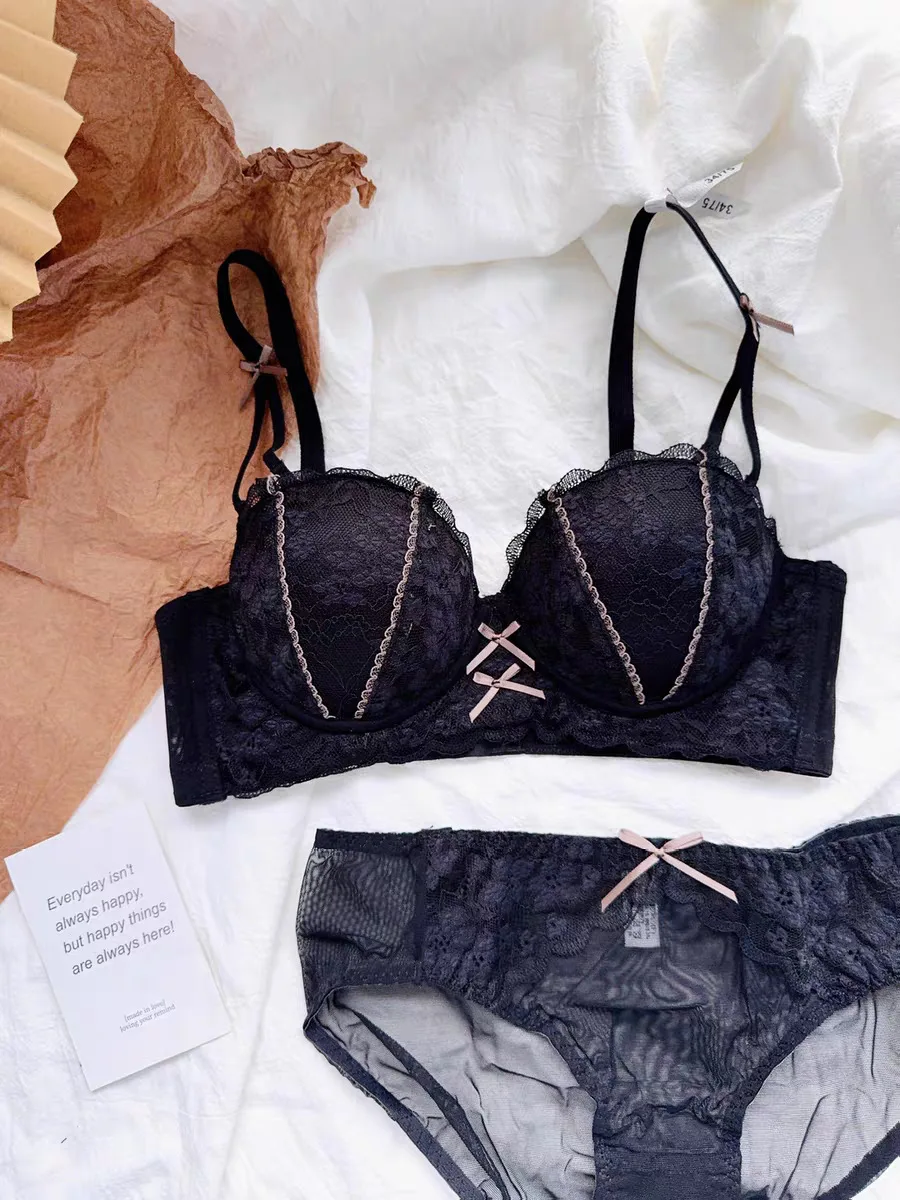 

Lace Half Cup Bra Set, Small Chest Gathered, Top Support, Anti Sagging, Comfortable Without Steel Rings, Underwear Two-Piece Set