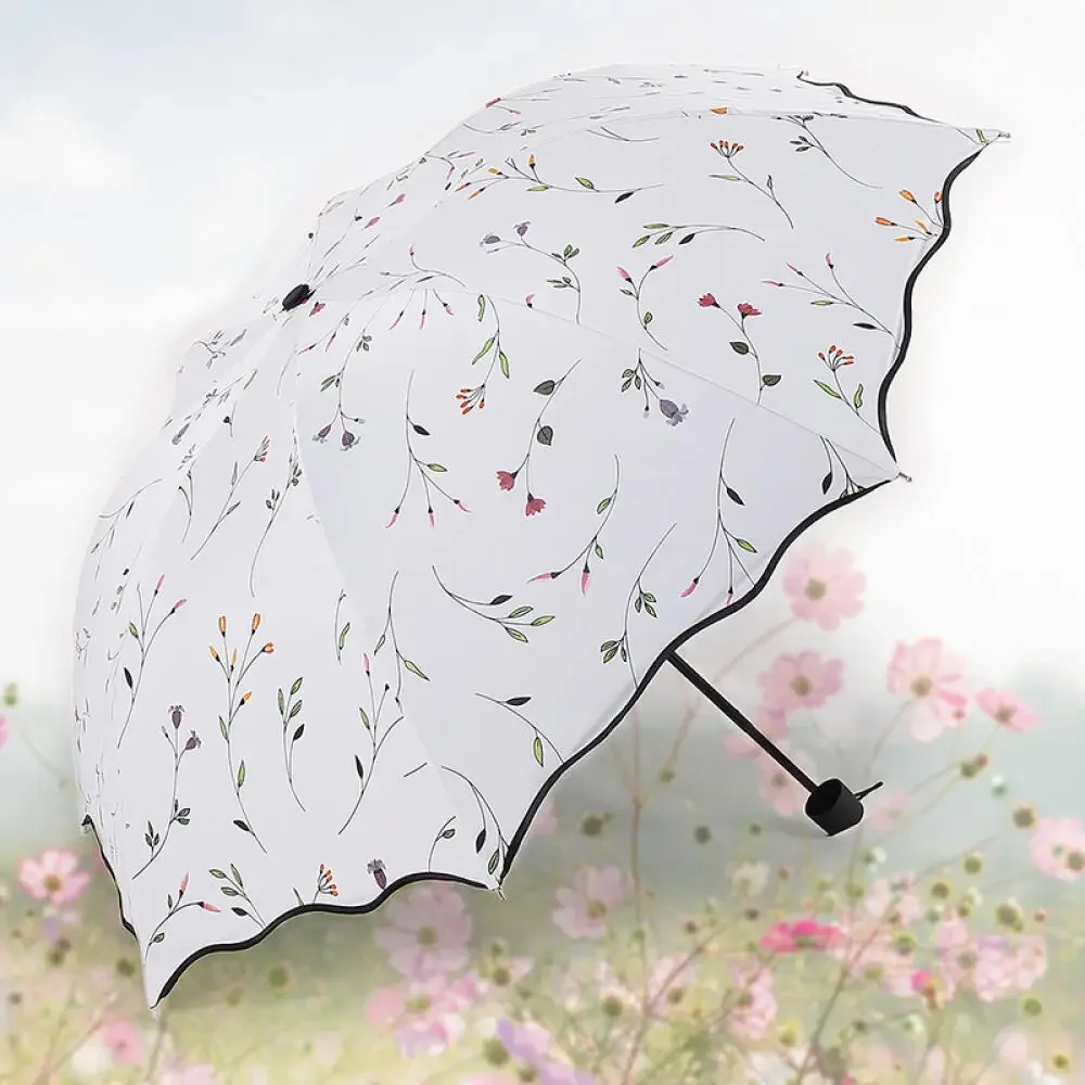 Folding Umbrella Floral Printed Robust Black Rubber Sun Shading Dual Function Promotional Advertising