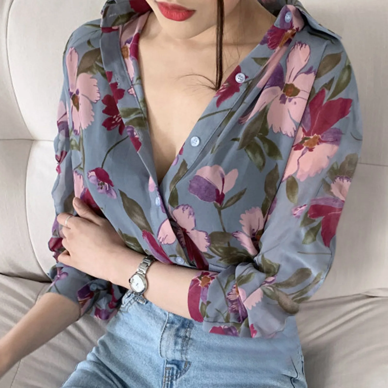 Spring Summer Casual Fashion Floral Print Long Sleeve Chiffon Shirt Women Elegant All-match Oversized Blouse Female Cardigan Top