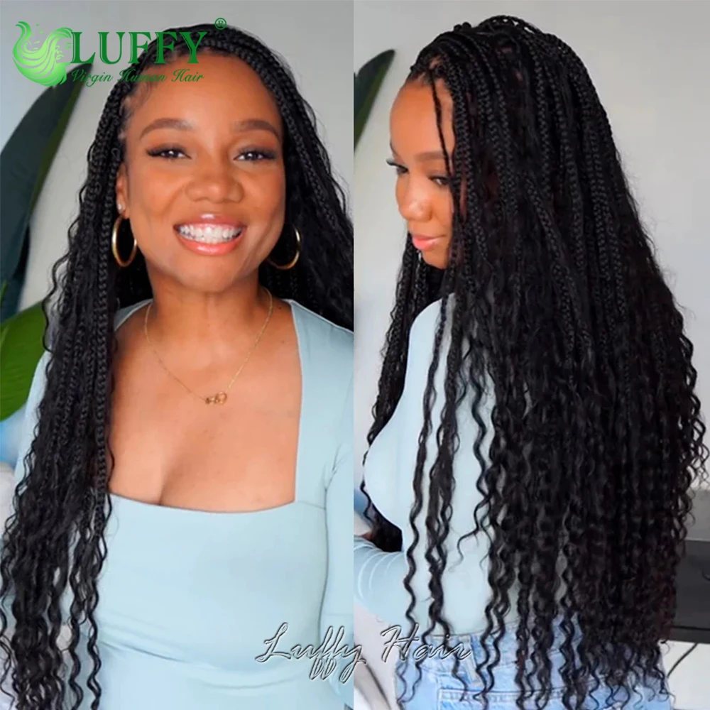 Crochet Boho Box Braids With Human Hair Curls Pre Looped Box Braids With Curly Human Hair Full Ends Hair Extensions