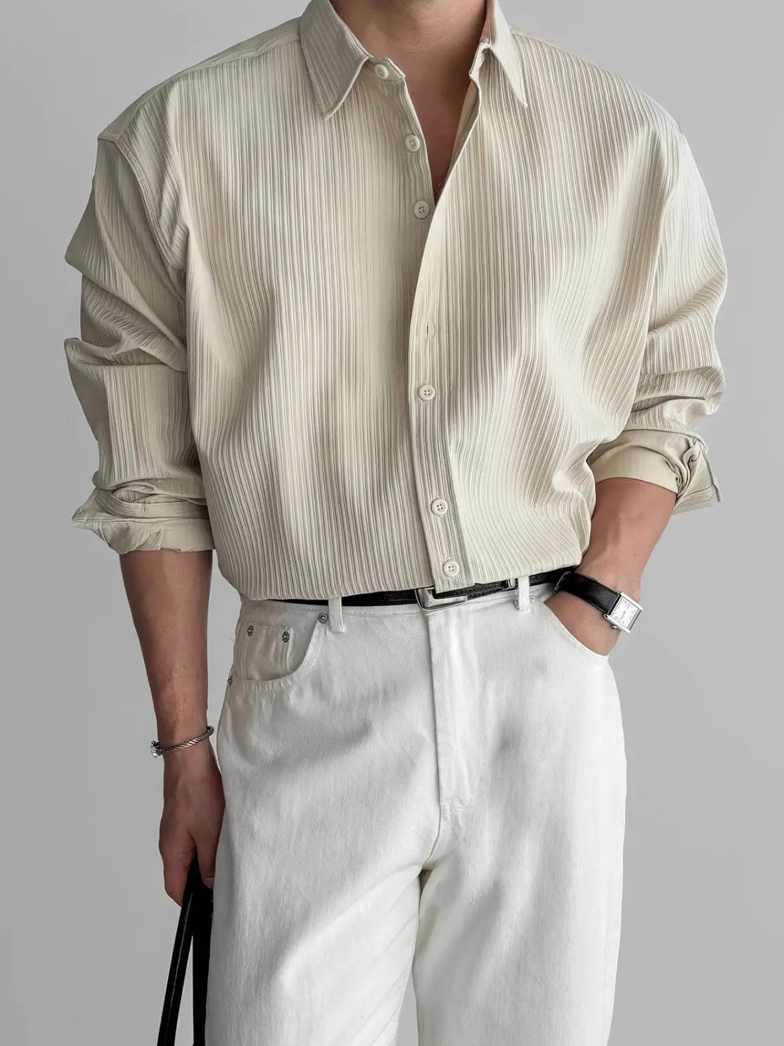 

Foufurieux Polo Collar Texture Long Sleeve Shirt for Men Casual Business Shirt High Grade Mature Style Black Blouses Men Tops