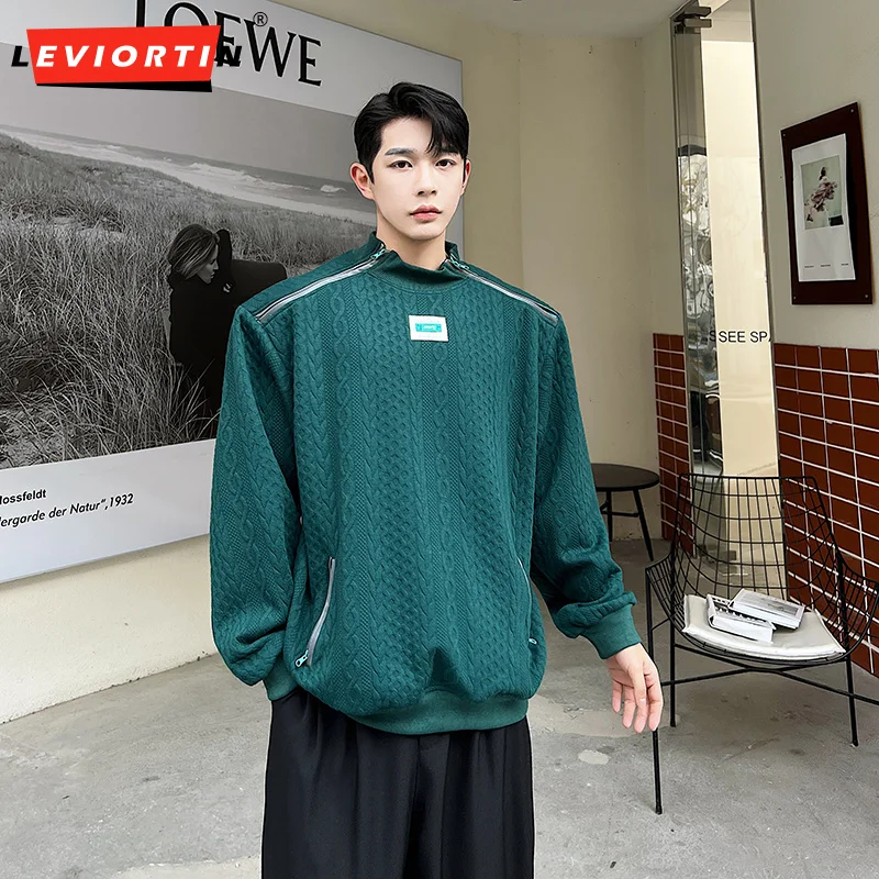 Autumn Men Pullovers Knitted Solid Color Turtleneck Long Sleeve Streetwear Double Zipper Fashion Loose Casual Men Sweatshirts