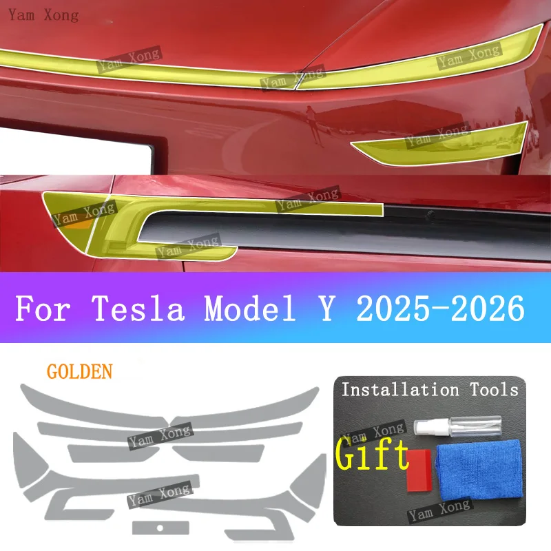 테슬라 모델 Y 주니퍼 + 자동차 전면 테일라이트 투명 방탄 보호 필름 헤드라이트 블랙 골든 커버 필름 B 필러