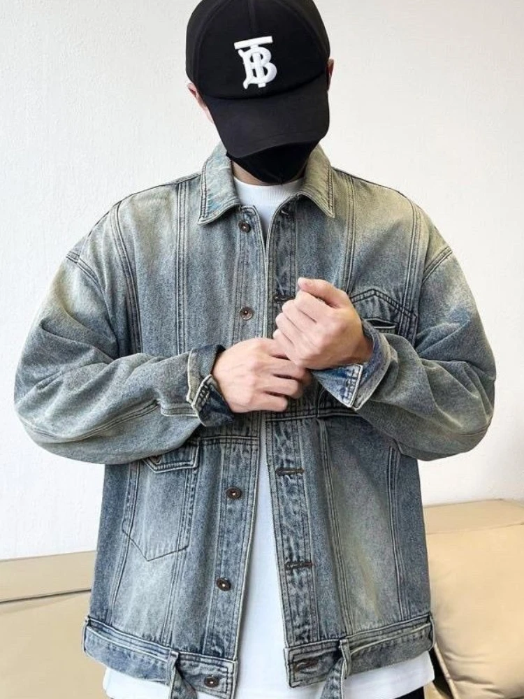 

Vintage Washed Trendy American Denim Jacket for Men, Spring Fall Loose Casual Multi-pocket Cargo Jean Coat, Streetwear Outerwear