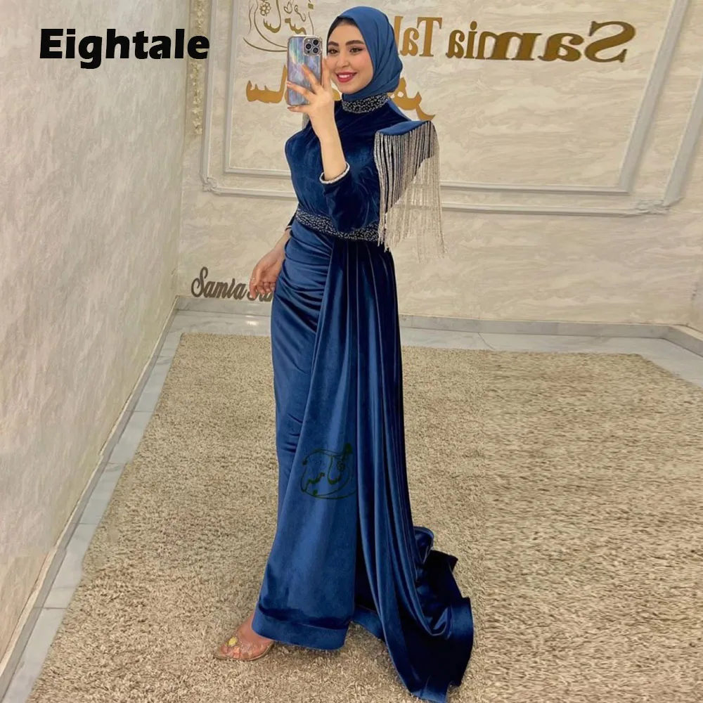 Eightale Arabic Evening Dresses Muslim Velvet High Neck Beaded Dark Blue Mermaid Prom Party Gown vestidos elegantes para mujer