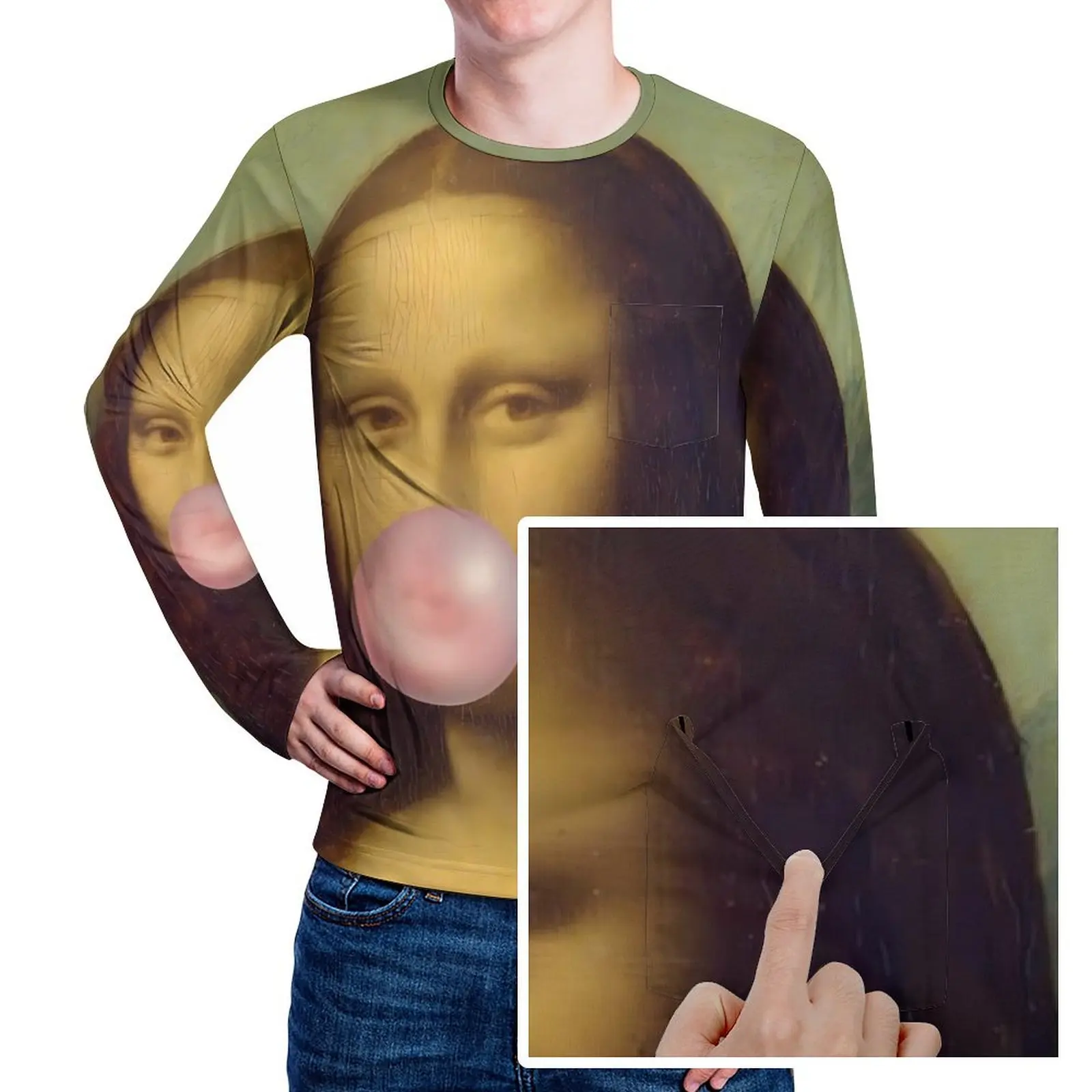 Mona Lisa Chewing Gum T Shirt With Pocket Funny Popular T-Shirts Men Fun Tee Shirt Long Sleeve Graphic Clothes Plus Size