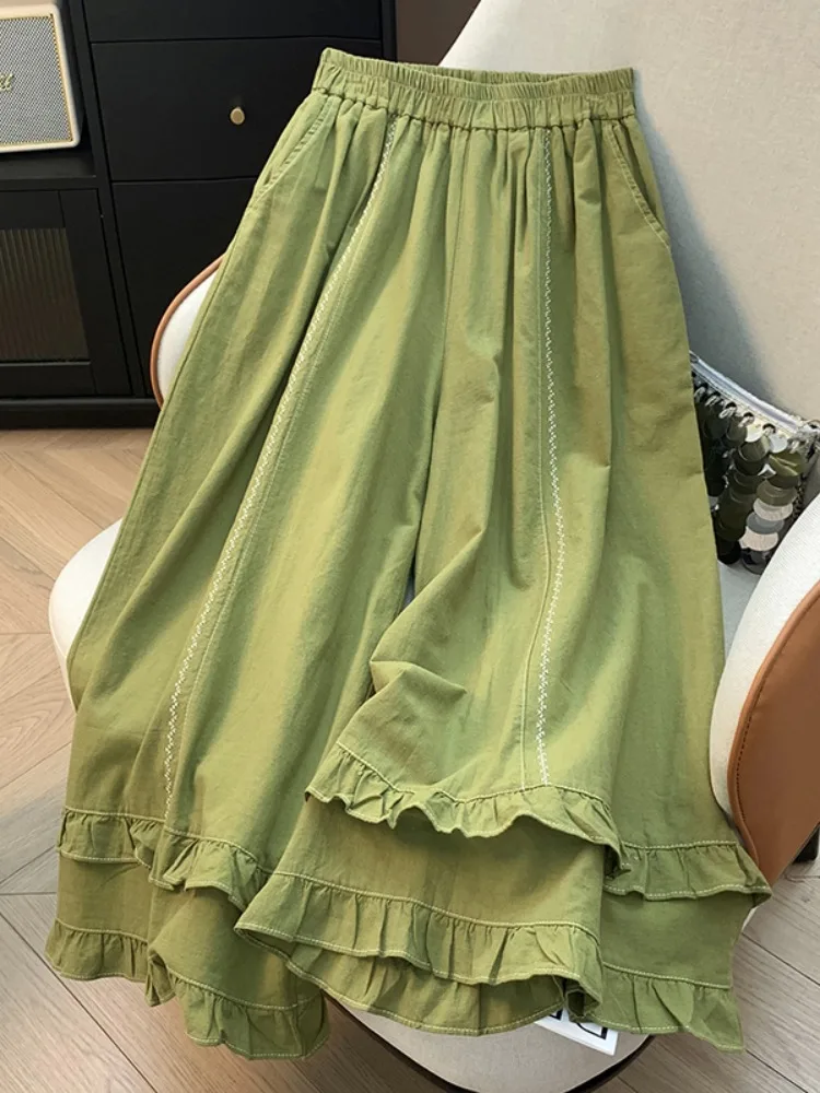 Casual Cotton Linen Wide Leg Pants Skirt for Women Summer Artistic Anti Aging Nine Point Trousers High Waist Loose Fit Thin M...