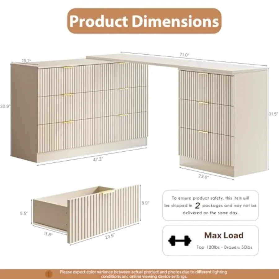 L-Shaped Rotatable 9-Drawer Dresser for Bedroom/Living Room/Entryway/Hallway, MDF with Fluted Texture, Light Gray, Space-Saving