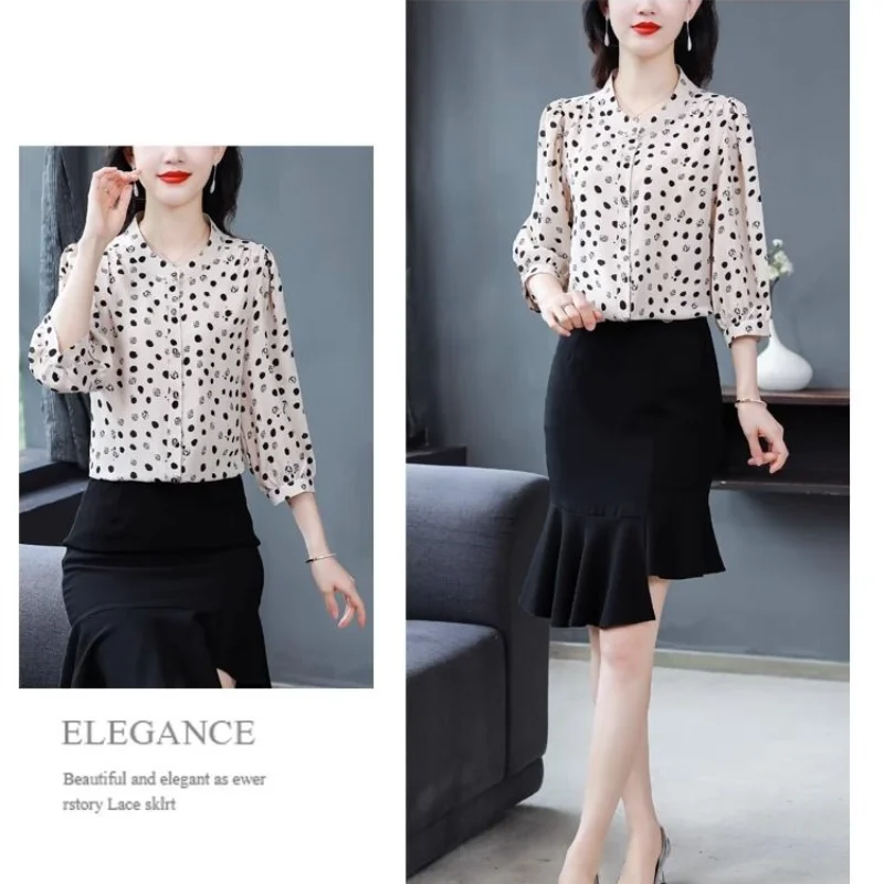 Fashion Floral Chiffon Shirt Women's New Summer 3/4 Sleeve Top Mom's Round Collar Print Bottoming Blouse M-5XL