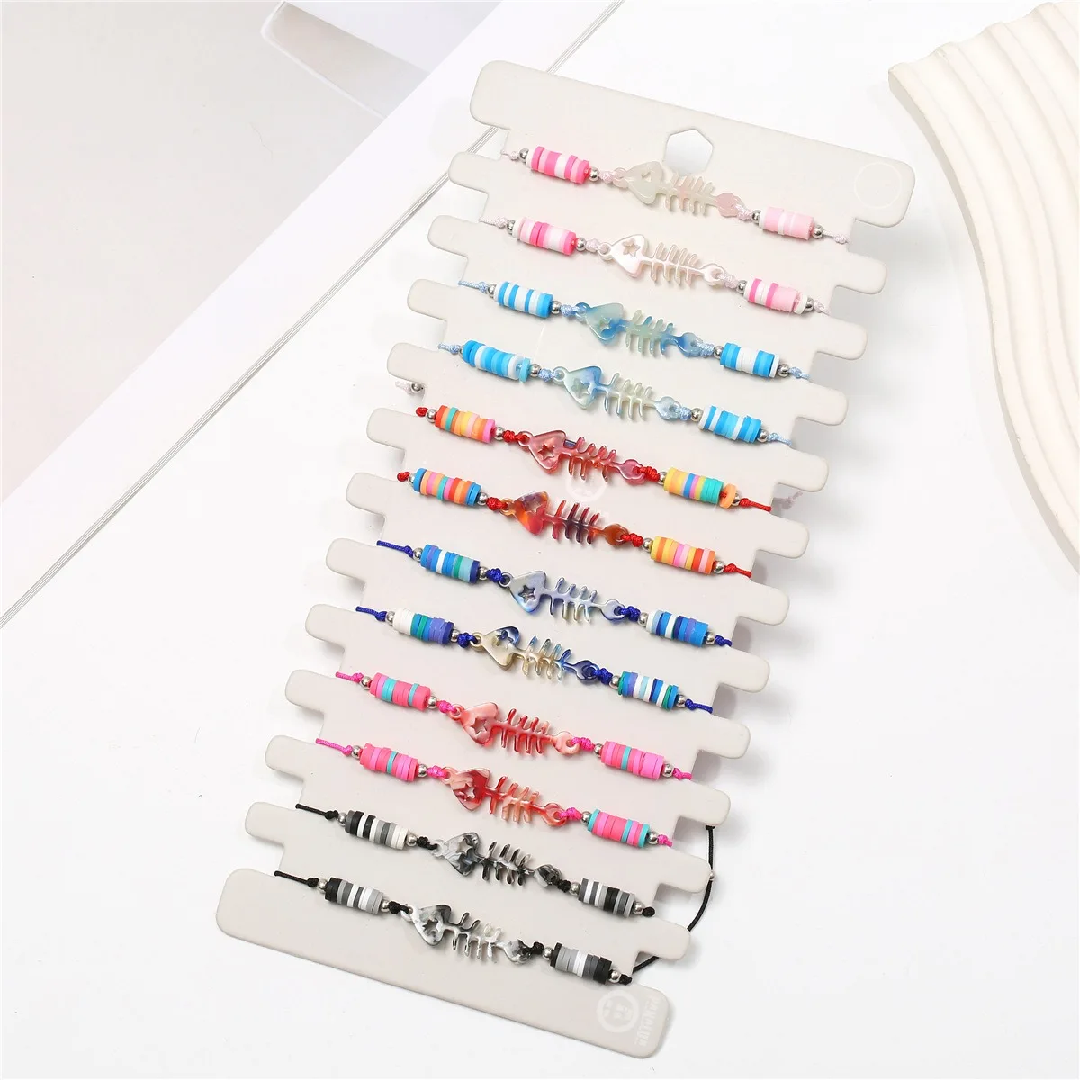 

12pcs/Set Bohemian Vintage Woven Resin Bangles Fish Bone Polymer Clay String Adjustable Bracelet for Women Men