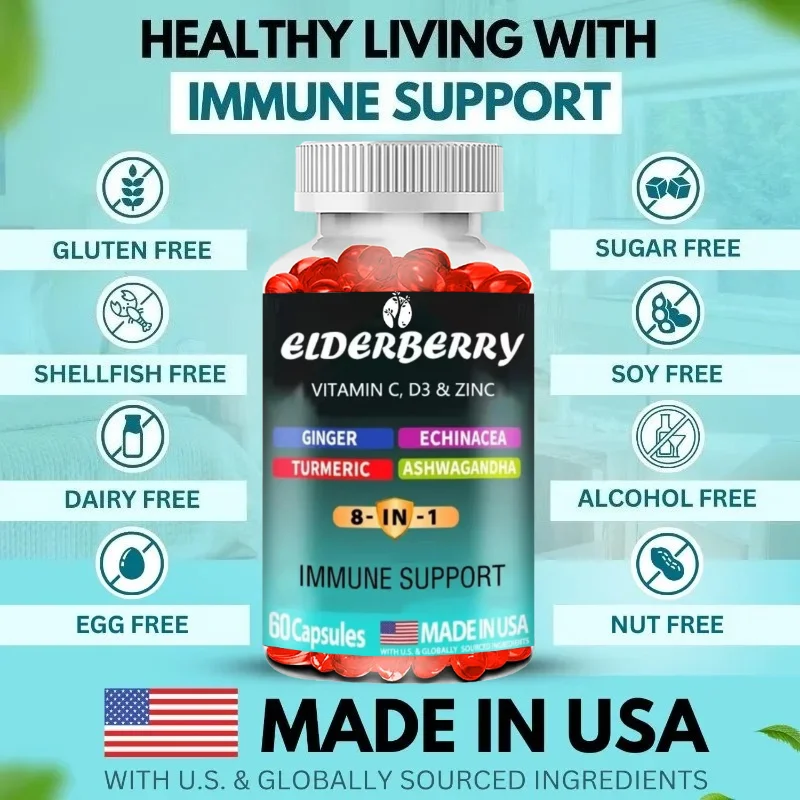 Elderberry Immune Support Supplement 8-in-1 Formula, Containing Echinacea, Vitamin C, Zinc, Turmeric, Ginger -60 Capsule