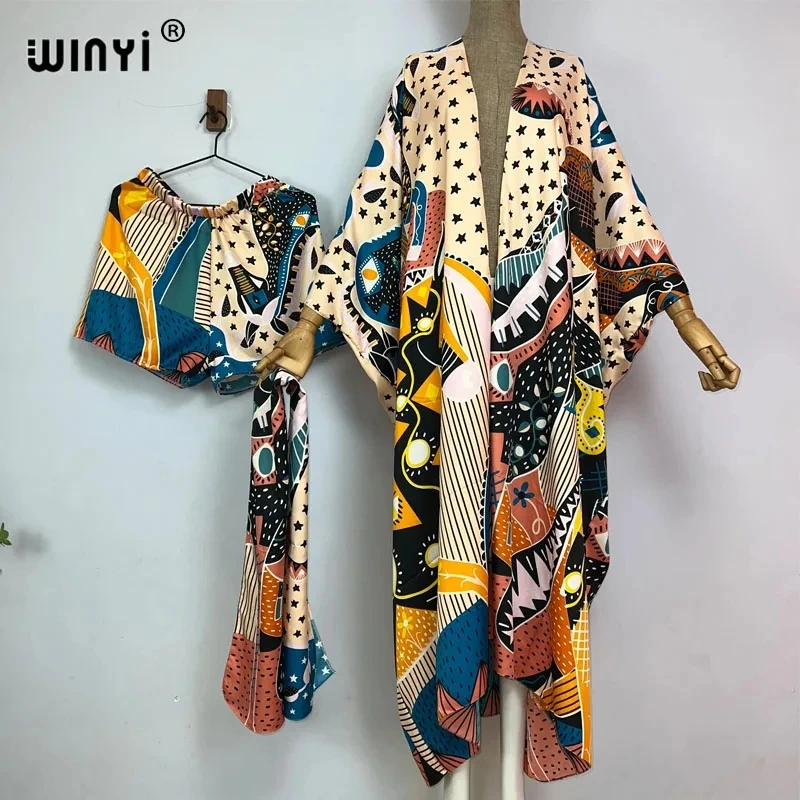 WINYI-Conjunto de dos piezas con estampado bohemio para mujer, vestido largo hasta el suelo de manga larga, kimono de vacaciones, novedad de verano