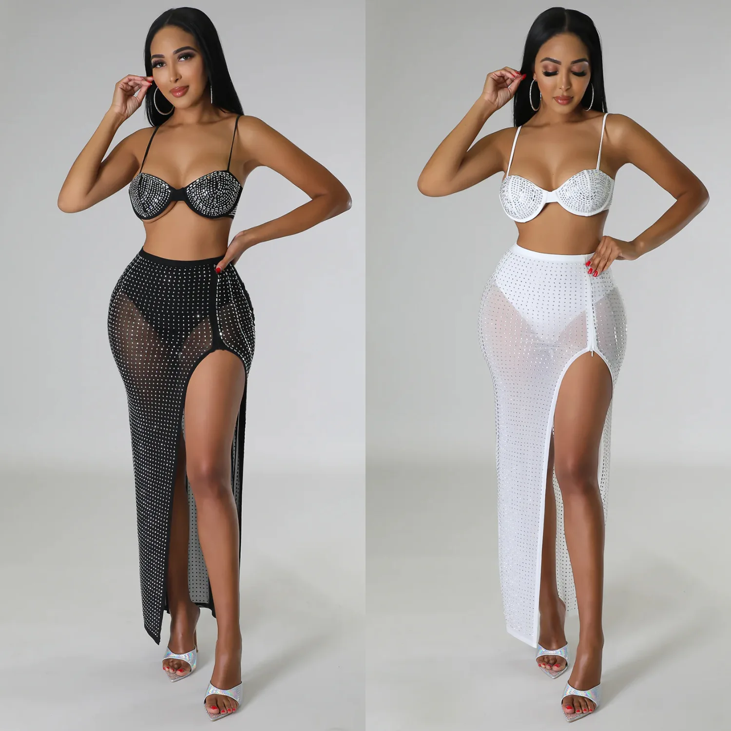 Summer Rhinestone 2 Piece Skirt Sets Sexy Crop Top Club Wear Outfit 2023 Y2K Streetwear Fashion Dress Sexy Two Piece Set Clothes