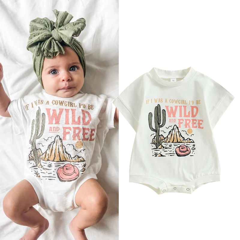 FOCUSNORM 0-24M Infant Baby Girls Western Romper Short Sleeve Letter Cactus Cowgirl Hat Print Jumpsuits Summer Clothes