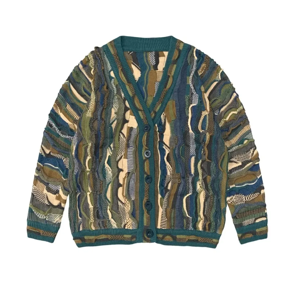 

Japan Style Kapital Vintage Hirata Retro V-neck Bitter Melon Pattern Jacquard for Men Sweater Cardigan