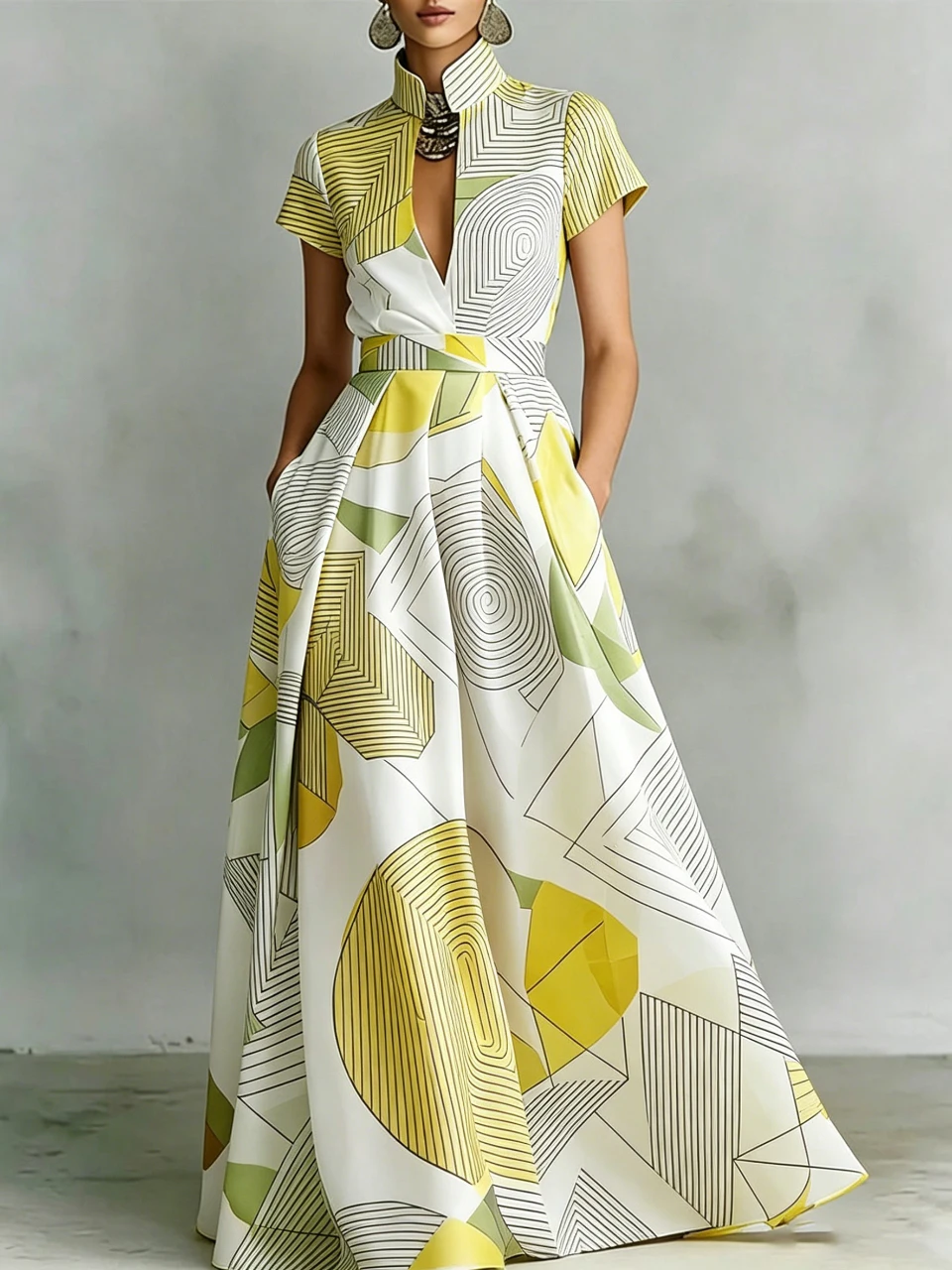 Damen Geometrisches Linienmuster Maxikleid Stehkragen Kurzarm Hohe Taille Vintage Elegantes Formelles Abendkleid Langes Vestidos