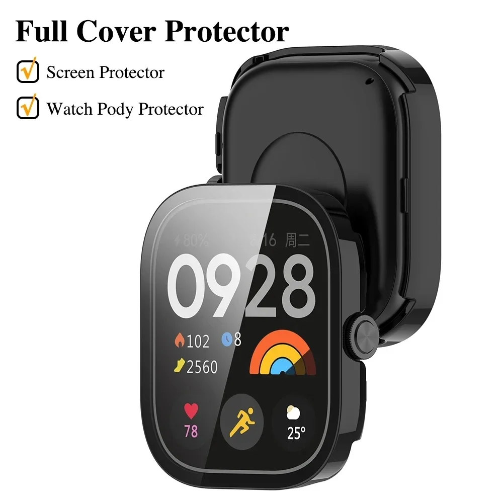 Capa para pc + vidro para xiaomi redmi watch 4 3, vidro temperado, película anti-arranhões, capa protetora para redmi watch 3 active/3 lite