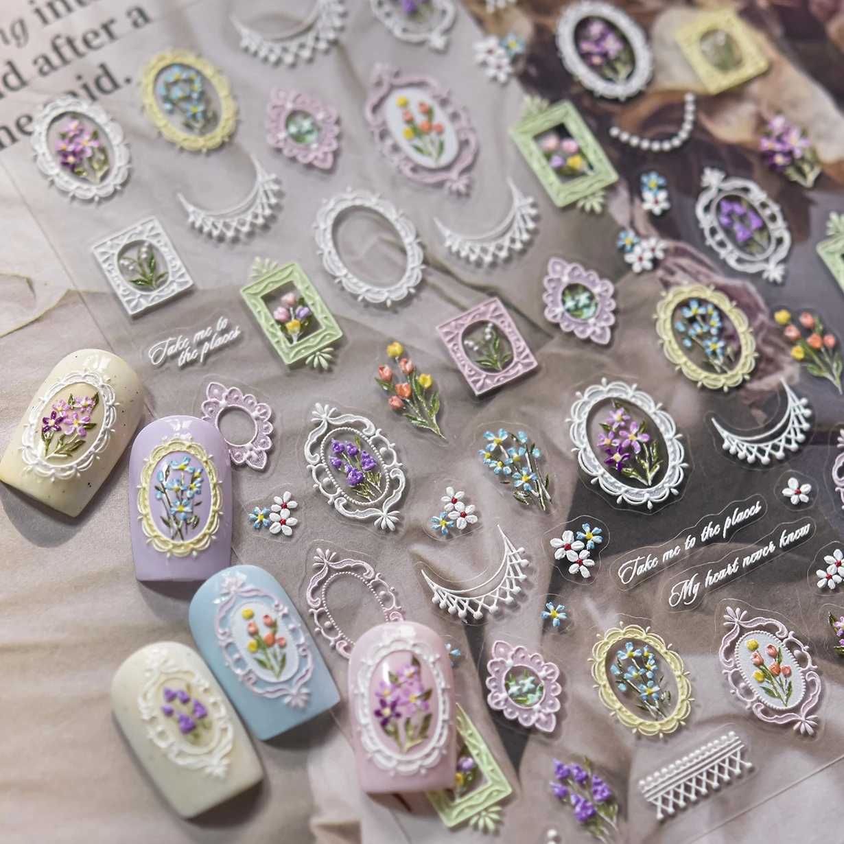 Marco de flores Vintage elegante, ramo de flores, lavanda, Margarita, tulipán, borlas, estilo europeo, pegatinas delicadas para decoración de uñas, calcomanías para manicura