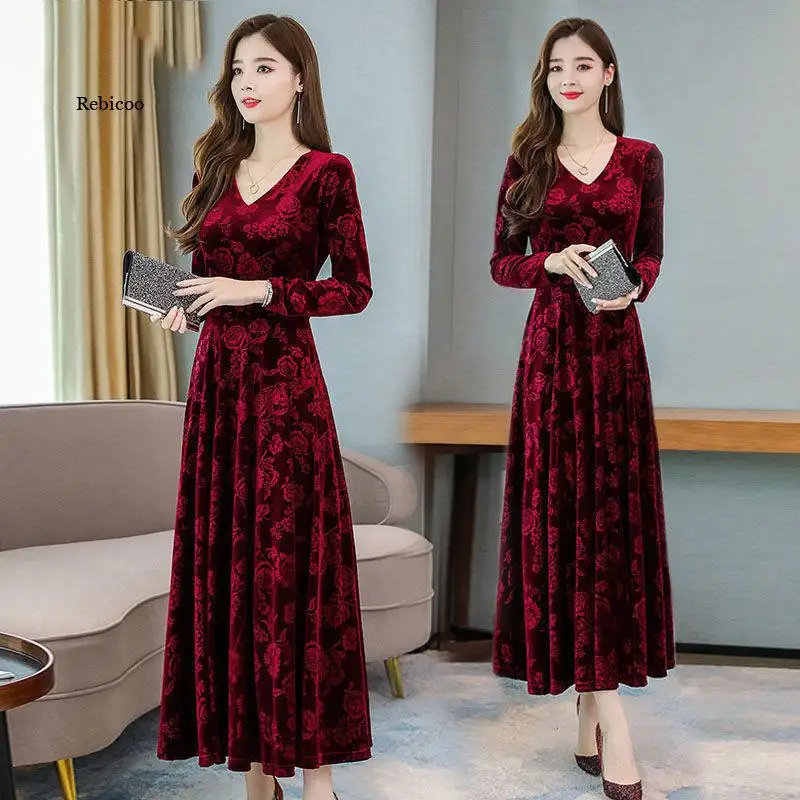 Retro Print Velvet Long Dress Women Office Lady Elegant Long Sleeve Party Dresses  Vintage A-Line