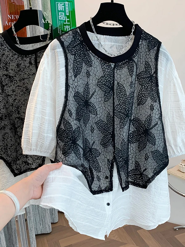 

Unique Summer Women's irt 2025 New Design Loose Bla Lace ort Sve Fake Two-Piece Top Sli And Attractive