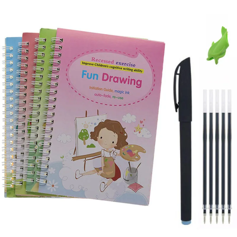 (1 Set/4 Books and Pen) Magic Workbook Children's Writing Toys with Stickers Montessori Calligraphy Toys English Notebook