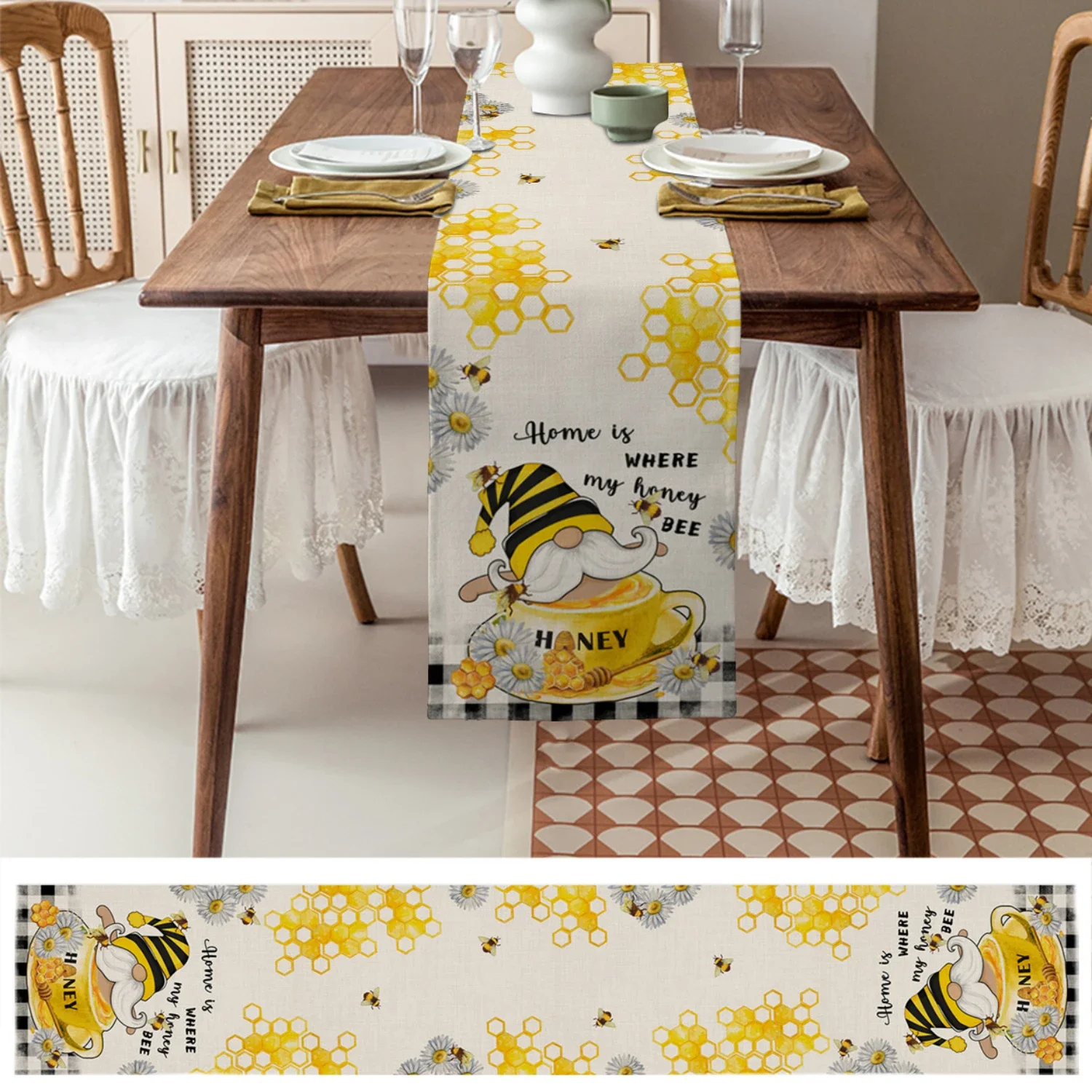 Bee Daisy Gnome Linen Table Runners Holiday Party Decorations Reusable Dining Table Runners Kitchen Dining Wedding Decor